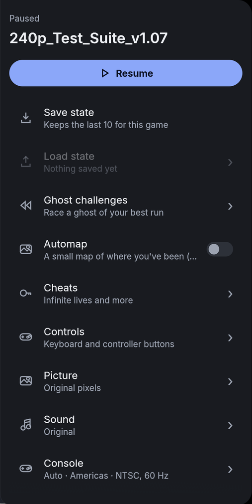 The EmilDrive pause menu on the desktop: save state, load state, ghost challenges, automap, cheats, controls, picture, sound and console settings