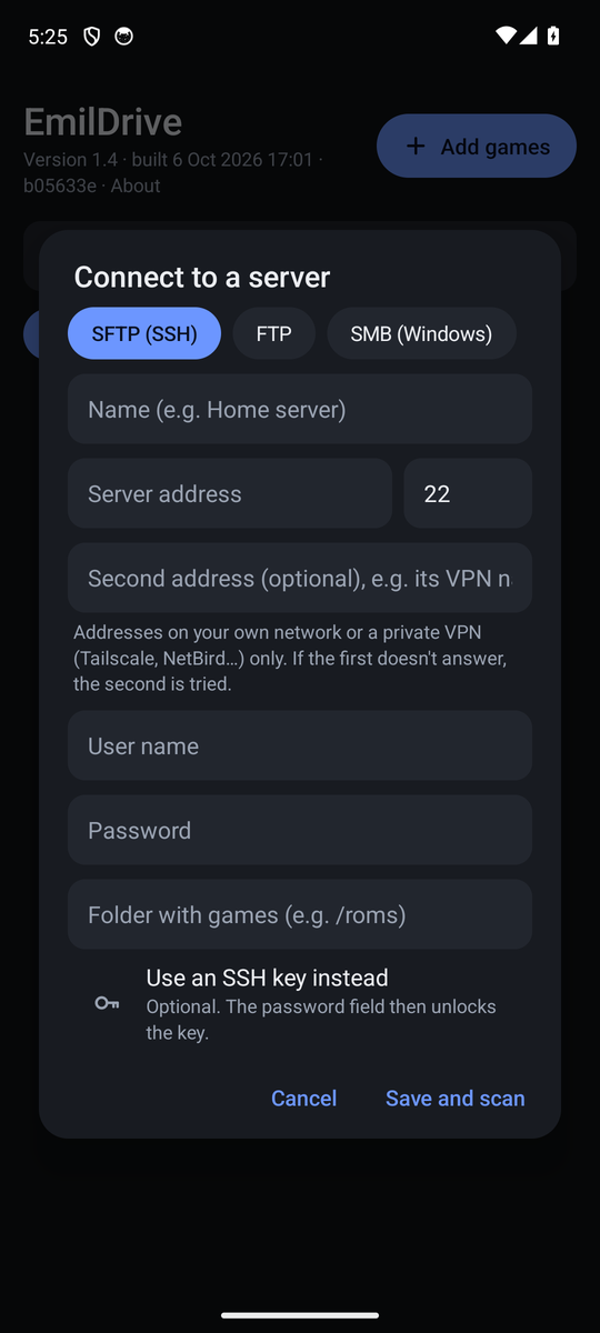 EmilDrive on Android: connecting to a server on your network, with an optional second address