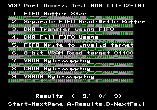 The VDP port access test ROM showing its results: 9 passed, 0 failed, 9 tests